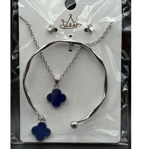 Clover Charm Necklace Bracelet Earrings Set Blue Silver Tone Jewelry